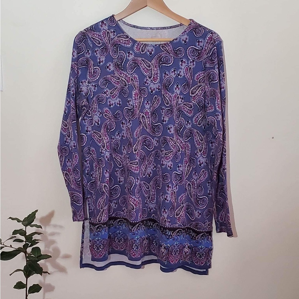 J Jill Perfect Pima Crew Neck Tunic Top Knit Tee Purple Paisley